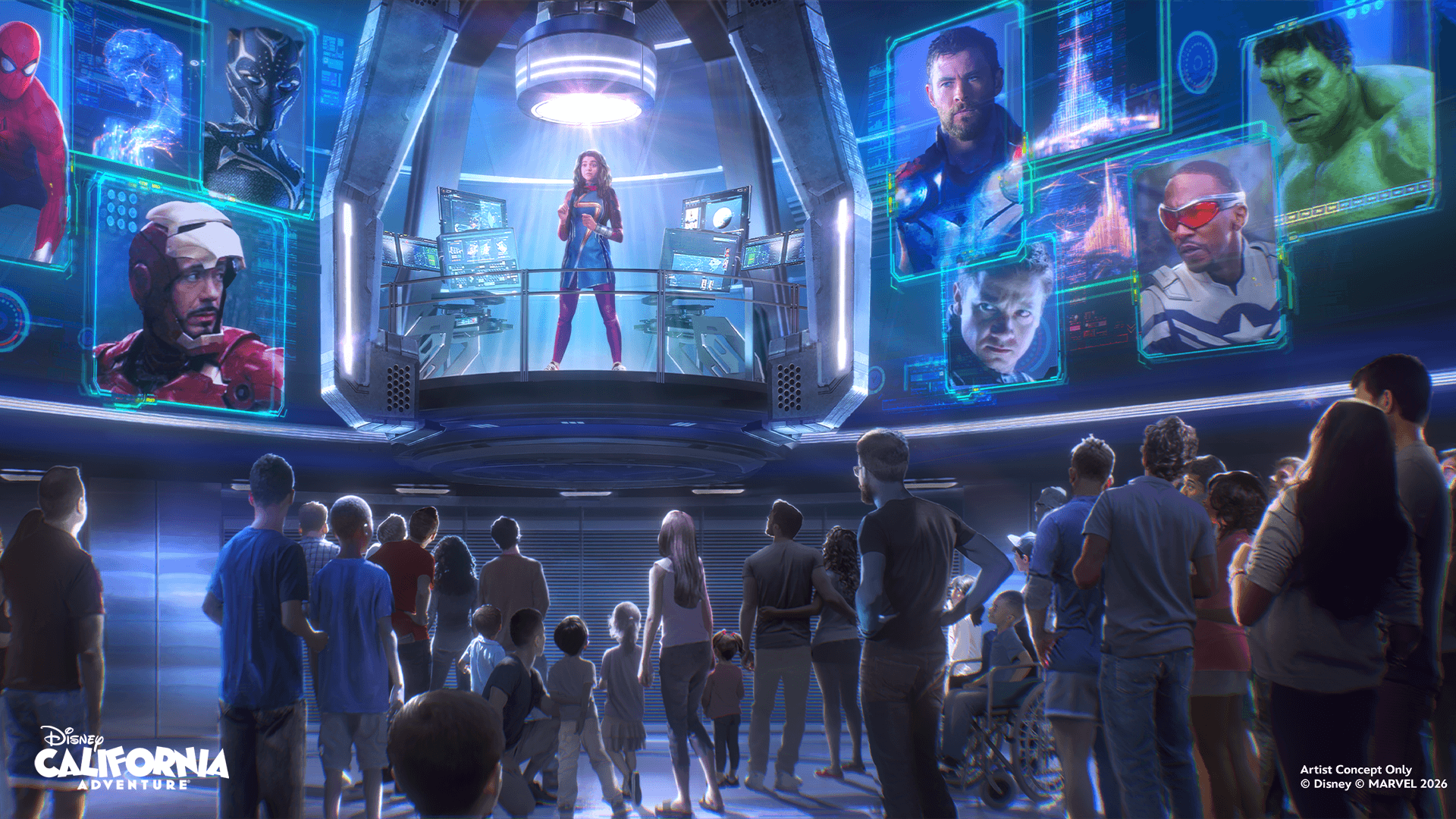 Konzeptzeichnung für eine Preshow in der Attraktion Avengers Infinity Defense in Anaheim