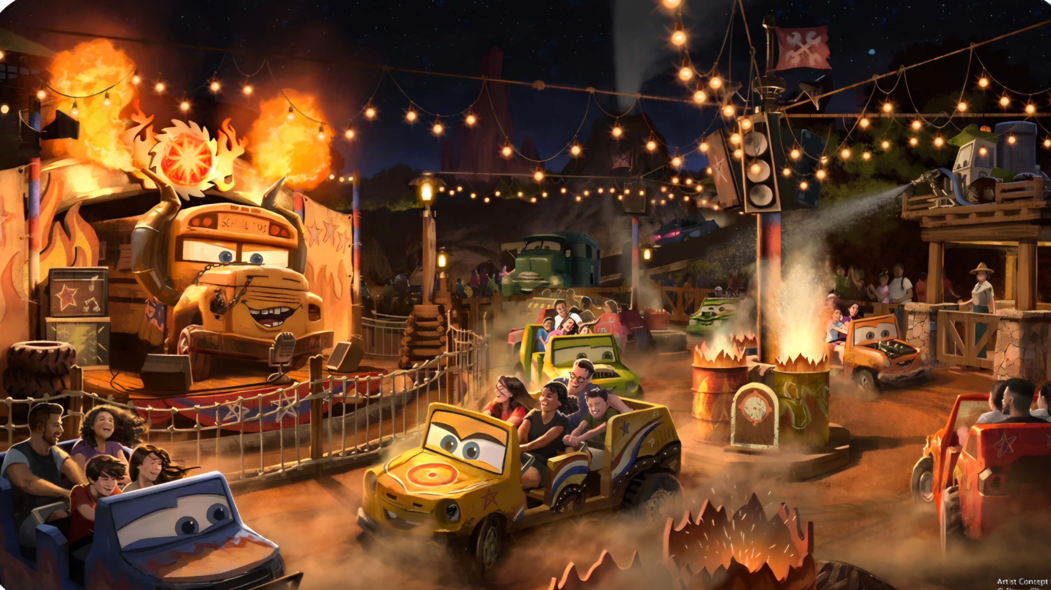 Konzeptzeichnung zur Attraktion Miss Fritter's Daredevil Spin-Along im Cars-Bereich