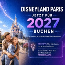 Disneyland Paris jetzt für 2027 buchen. Sichere Dir jetzt Deinen magischen Aufenthalt. Pro-Tipp: Wer früh bucht, bucht am günstigsten! Buche jetzt für April 2027 bis März 2028 mit Preisversprechen zum besten Preis