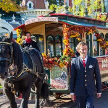 Horsedrawn Streetcar mit einem schwarzen Pferd im Disneyland Park