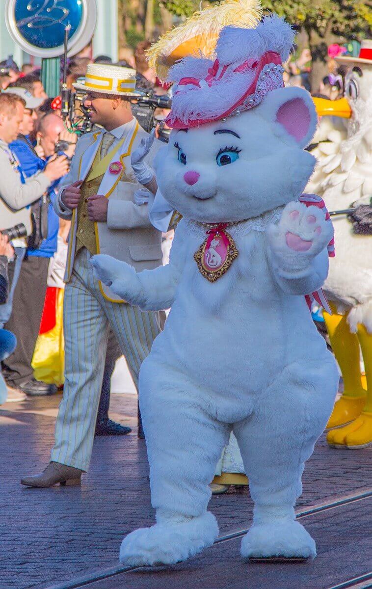 Katze Marie aus dem Film Aristocats marschiert über die Main Street, U.S.A. - sie trägt einen rosafarbenen Hit, der mit Ferdern und Perlen verziert ist. Außerdem trägt sie um den Hals ein großes Medaillon, auf dem eine Katze abgebildet ist