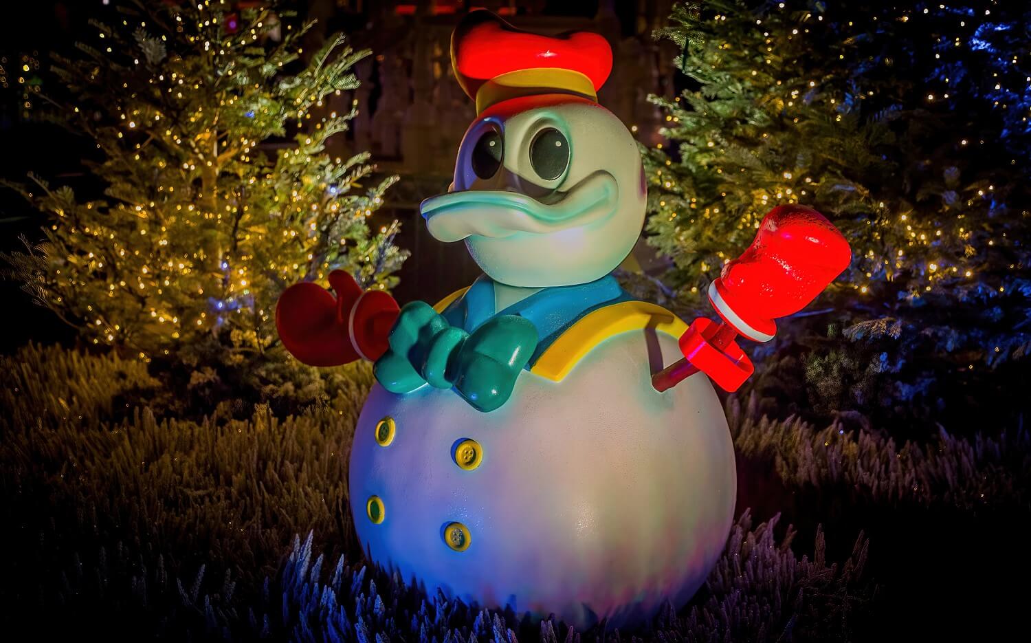 Donald Duck Schneemann bei Nacht