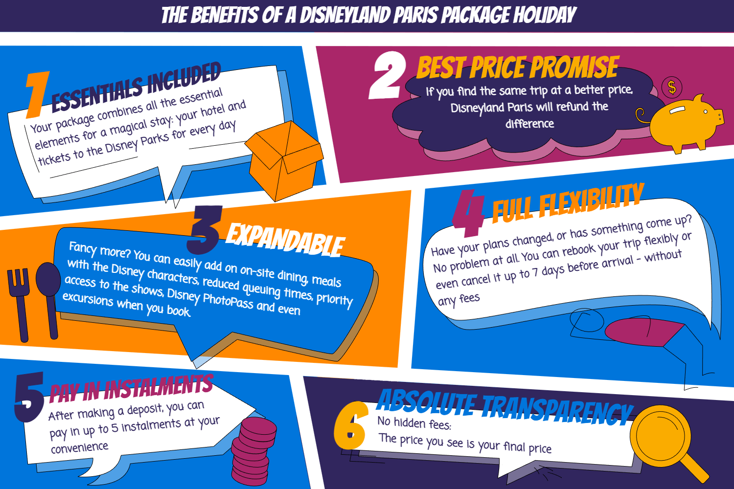 Infographic: The benefits of a Disneyland Paris package holiday Infographic: Benefits of a Disneyland Paris package: 1. The essentials are included (hotel & tickets), 2. The price promise – book with a best-price guarantee, 3. Can be expanded to include additional components, 4. Flexible cancellation and rebooking up to 7 days before arrival, 6. Payment in up to 5 instalments, 7. Completely transparent, no hidden fees