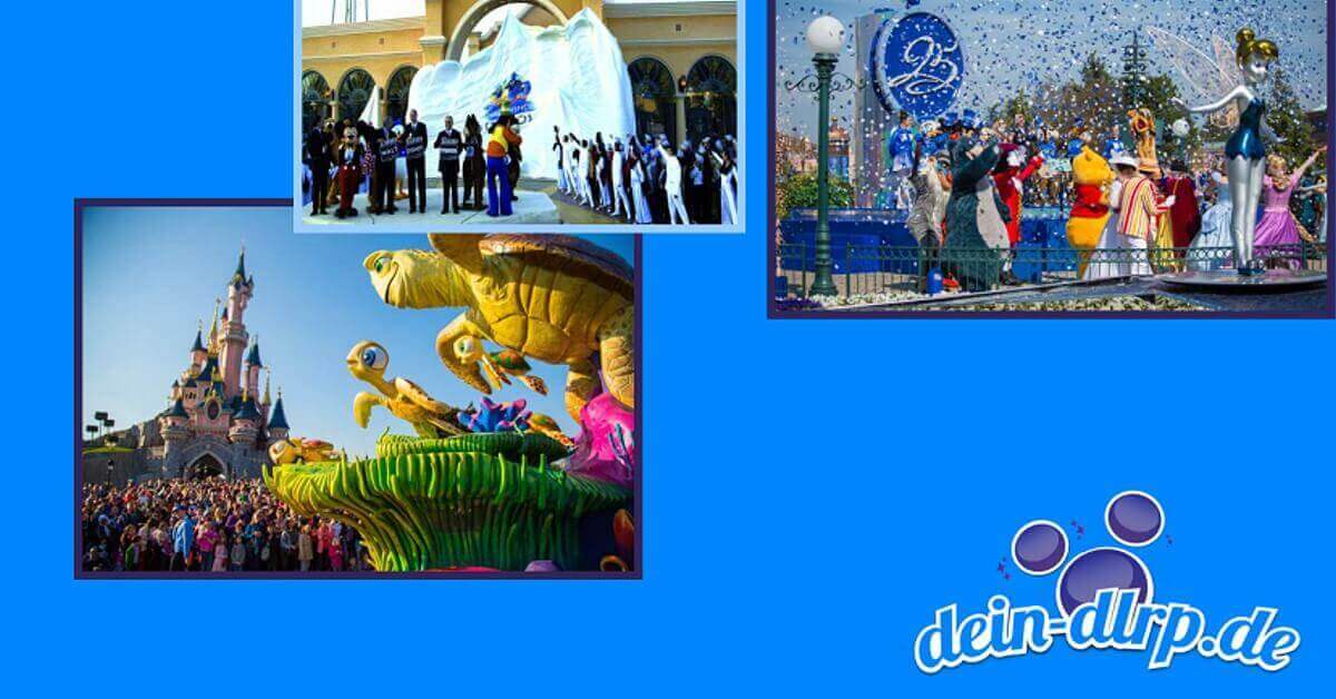 Fotocollage mit Szenen aus 25 Jahre Disneyland Paris vor hellblauem Hintergrund