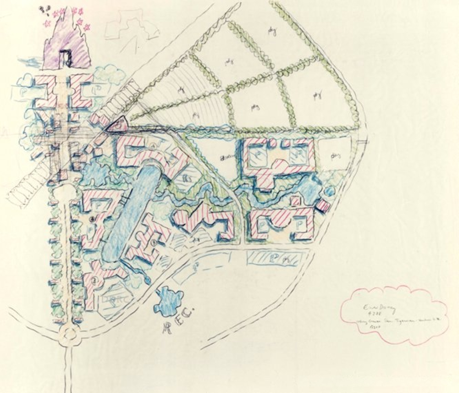 Handgezeichnete Skizze eines frühen Masterplans für das Hotelareal von Euro Disney