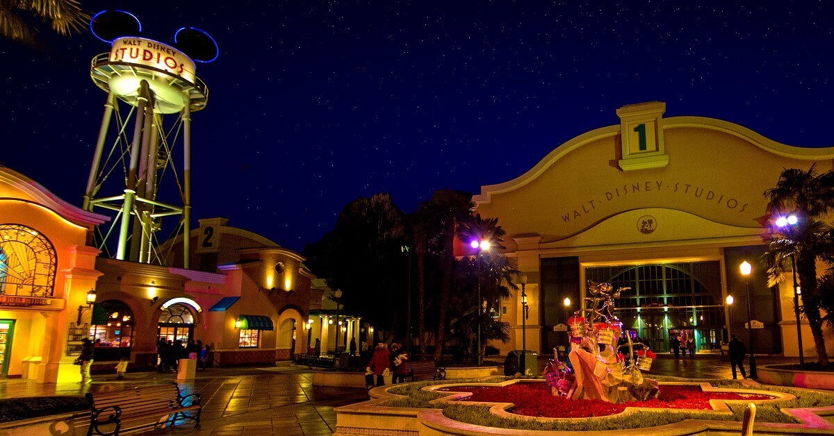 Front Lot of Walt Disney Studios with view of Earfell Tower, Studio 1 and Sorcerer Mickey Fountain