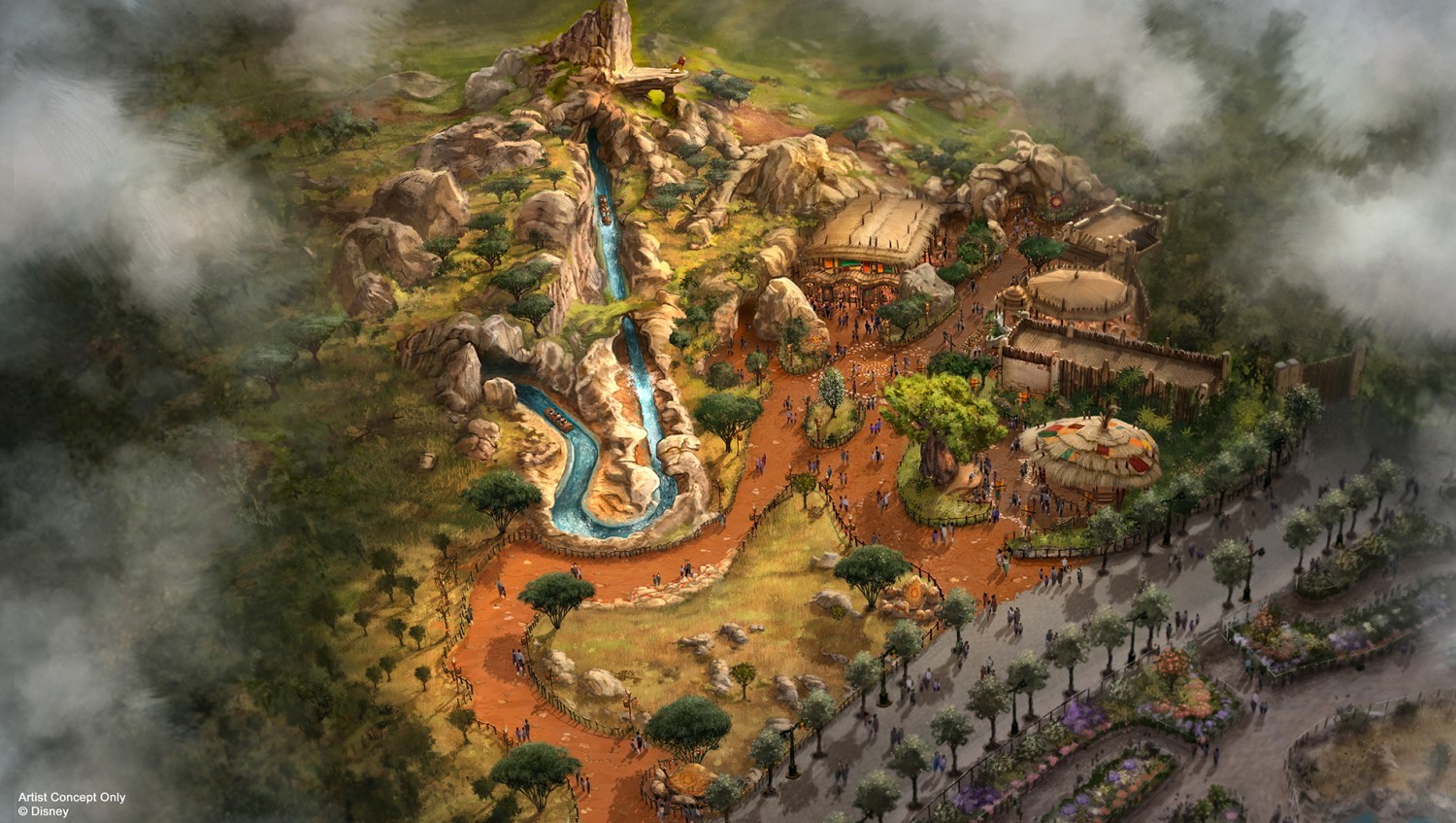 Pride Lands im Disneyland Paris Concept Art der Pride Lands mit Pride Rock und Wasserattraktion im neuen König der Löwen Themenbereich in Disney Adventure World