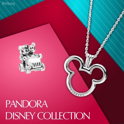 Werbung für die Pandora Disney Collection mit einem Anhänger in Mickey-Form an einer Kette
