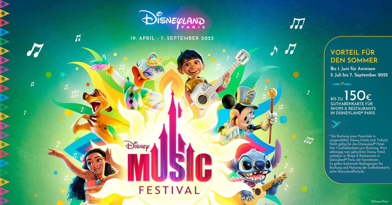 Banner Angebot zum Disney Music Festival: 150 € Guthabenkarte für Shops und Restaurants in Disneyland Paris