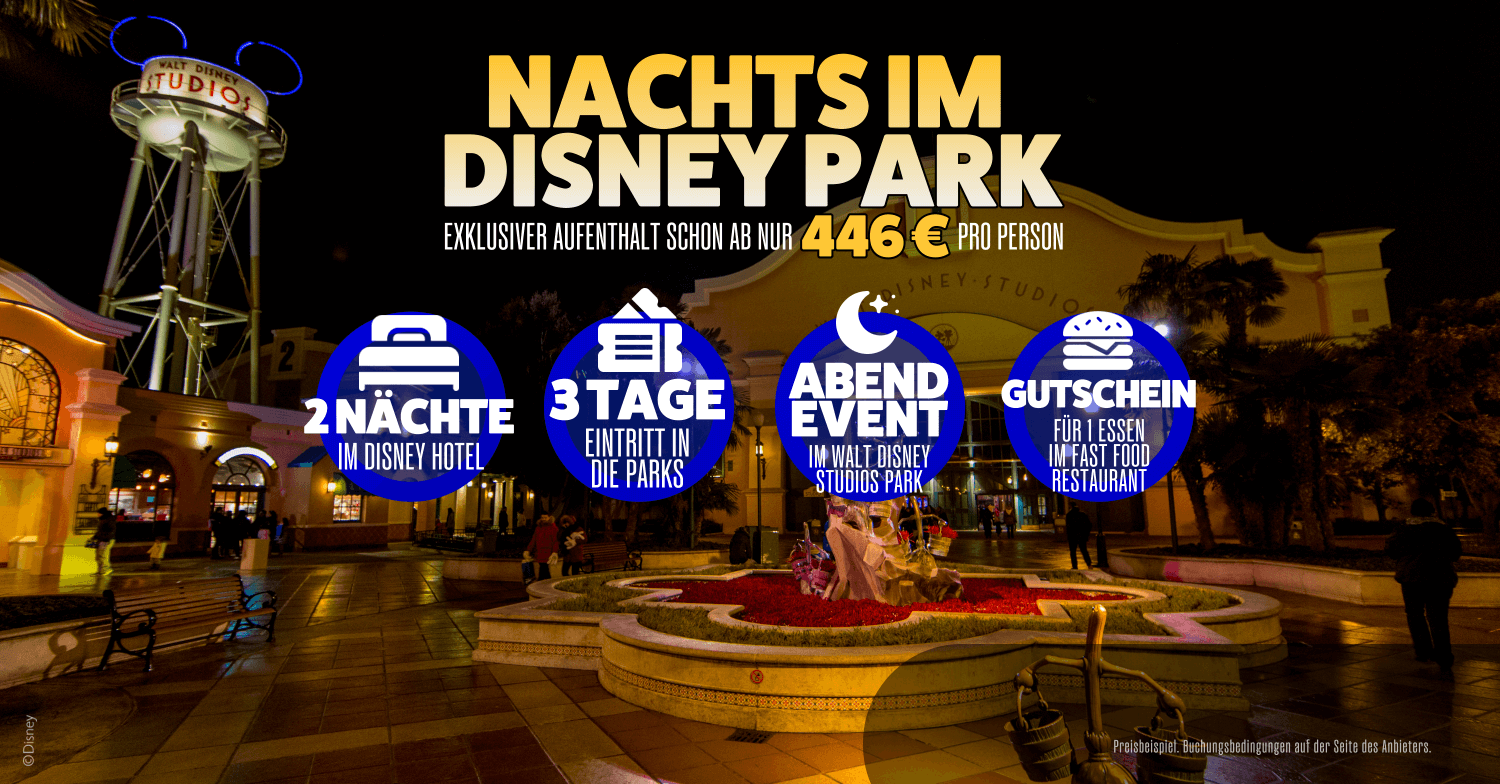 Bannerwerbung Nachts im Disney Parks: 3 Tage Disneyland Paris inklusive exklusivem Abendevent, Eintritt an allen 3 Tagen, Übernachtung im Disney Hotel und Essensgutschein ab 446 Euro 