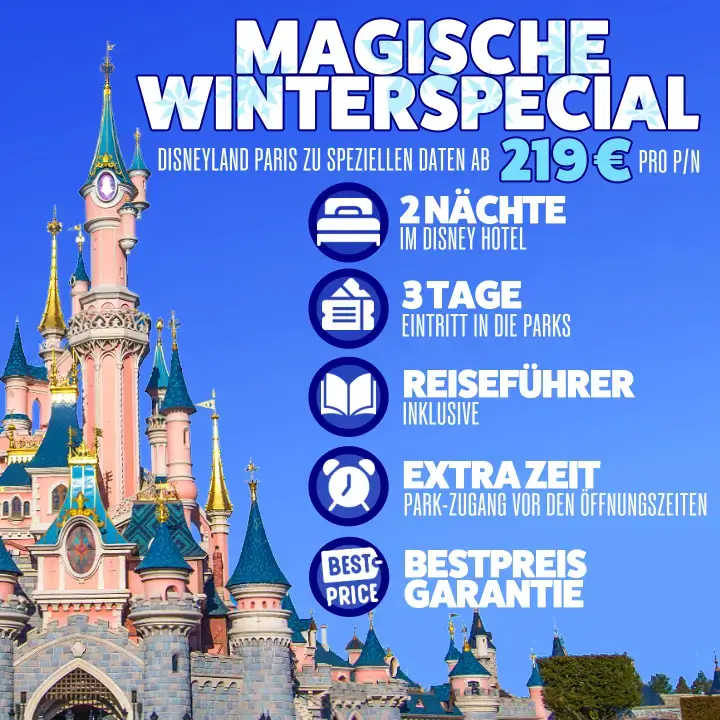 Banner mit Schloss: Winterspecial - 2 Nächte Disney Hotel mit 3 Tagen Eintritt ab 219 Euro mit Bestpreisgarantie