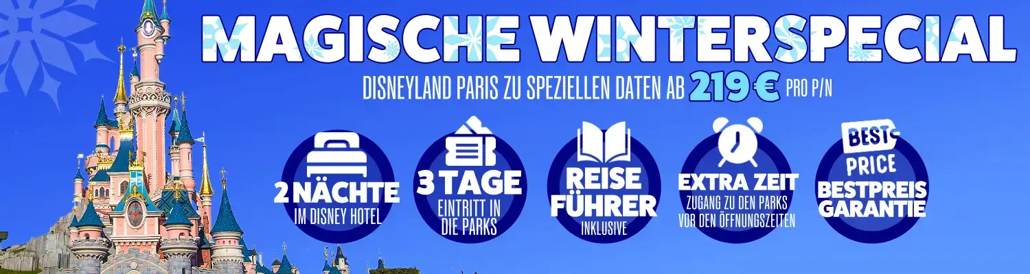 Banner mit Schloss: Winterspecial - 2 Nächte Disney Hotel mit 3 Tagen Eintritt ab 219 Euro mit Bestpreisgarantie