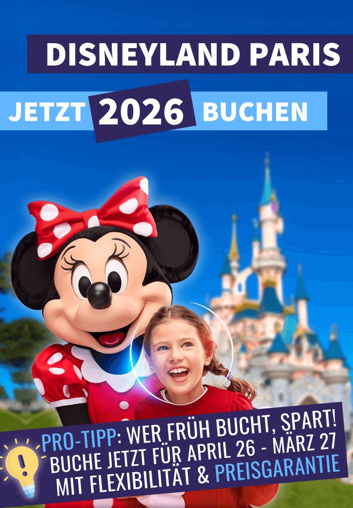Disneyland Paris 2026 jetzt buchen. Pro-Tipp: Wer früh bucht, bucht meist am günstigsten. Buche jetzt für April 2026 bis März 2027 mit Preisgarantie - mobile Version