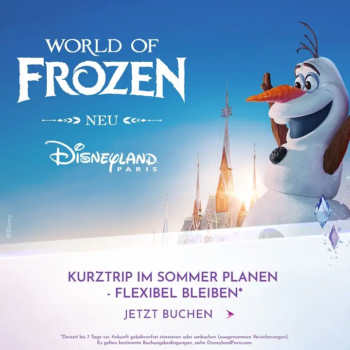 Bannerwerbung mobile Ansicht Grafik mit Olaf. World of Frozen. Neu in Disneyland Paris. Plane jetzt Deinen Sommer Trip und bleibe flexibel