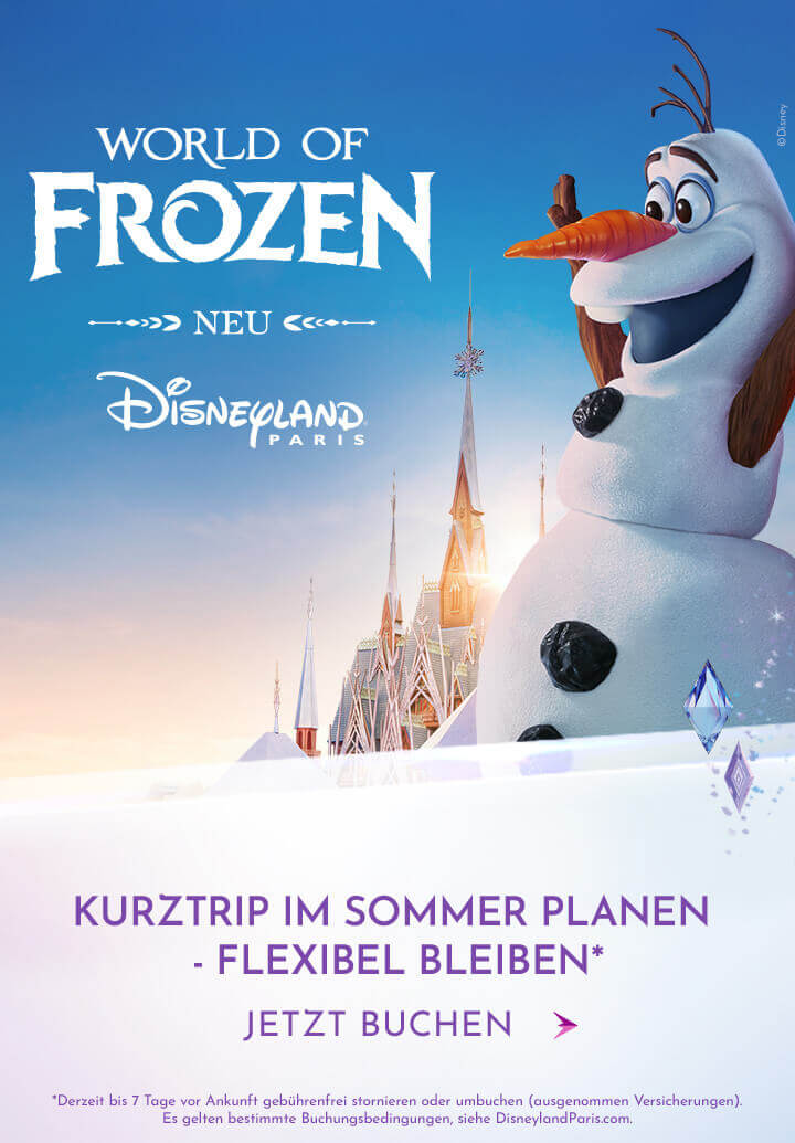 Grafik mit Olaf. World of Frozen. Neu in Disneyland Paris. Plane jetzt Deinen Sommer Trip und bleibe flexibel (mobile Version)