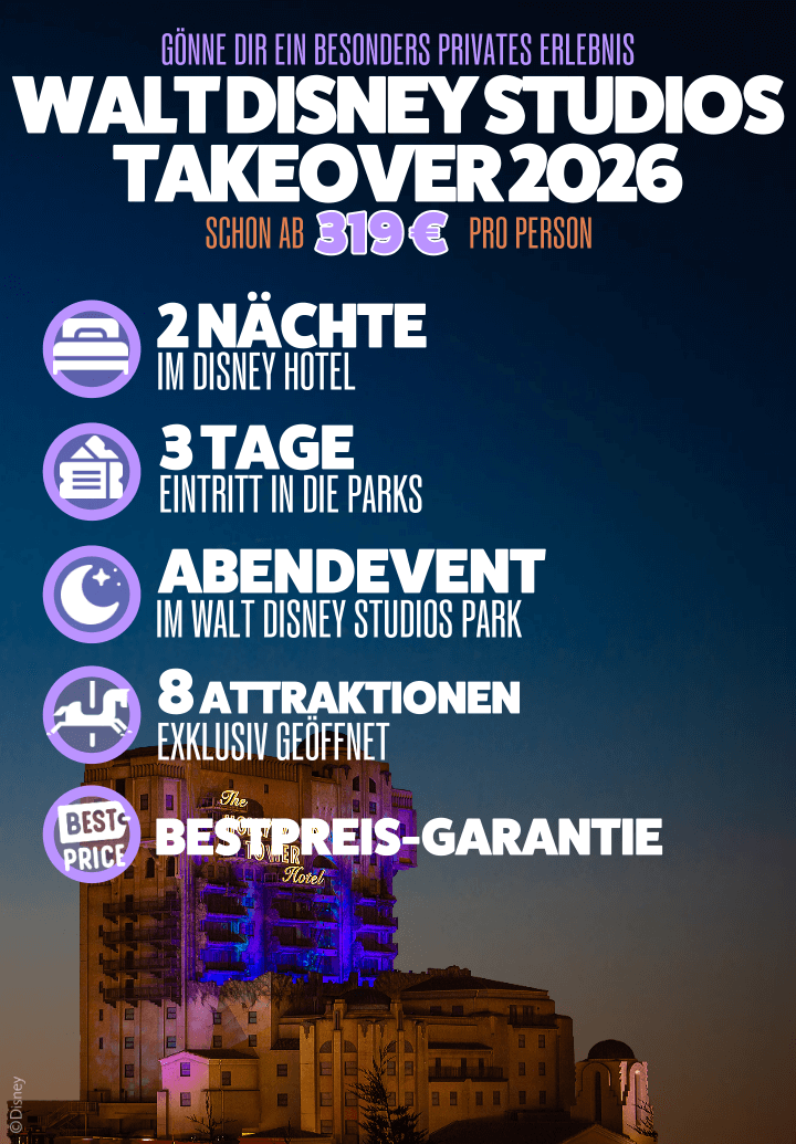Bannerwerbung Walt Disney Studios Park Takeover 2026 - 3 Tage Disneyland mit exklusivem Abendevent ab 299 Euro pro Person