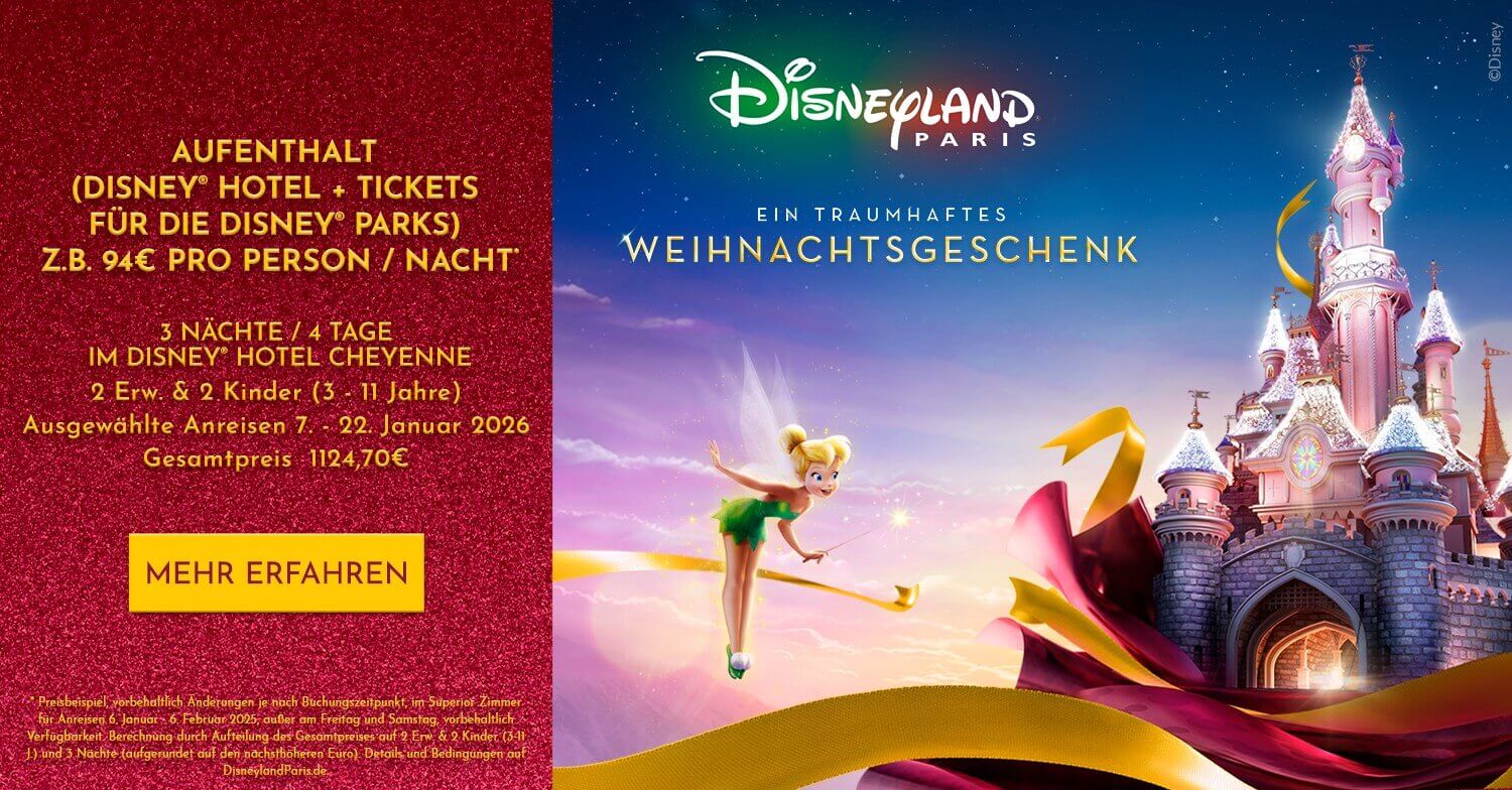 Ein traumhaftes Weihnachtsgeschenk: Aufenthalt in Disney Hotel für 94€ pro Person Ein traumhaftes Weihnachtsgeschenk: Aufenthalt in Disney Hotel für 94€ pro Person / Nacht. 3 Nächte 4 Tage im Disney Hotel Cheyenne bei 2 Erw. & 2 Kindern. Anreisen 7.-22.Januar 2026