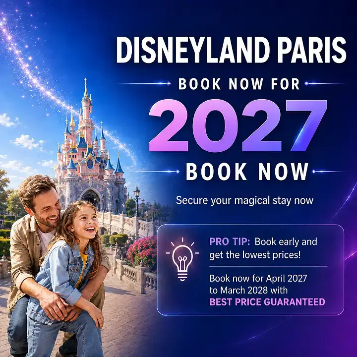 Disneyland Paris - book 2027 now Banner Ad mobile view Disneyland Paris - book 2027 now. Pro-Tip: Early Booking is usually the cheapest option! Book now for April 2027 to March 2028 with the best price guaranteed