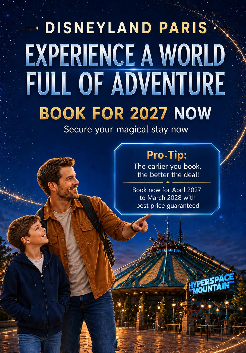 Banner Ad mobile view Disneyland Paris - book 2027 now. Pro-Tip: Early Booking is usually the cheapest option! Book now for April 2027 to March 2028 with the best price guaranteed