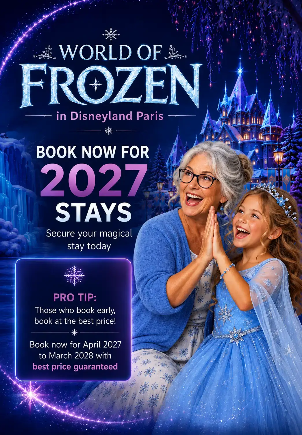 Banner Ad mobile view Disneyland Paris - book 2027 now. Pro-Tip: Early Booking is usually the cheapest option! Book now for April 2027 to March 2028 with the best price guaranteed