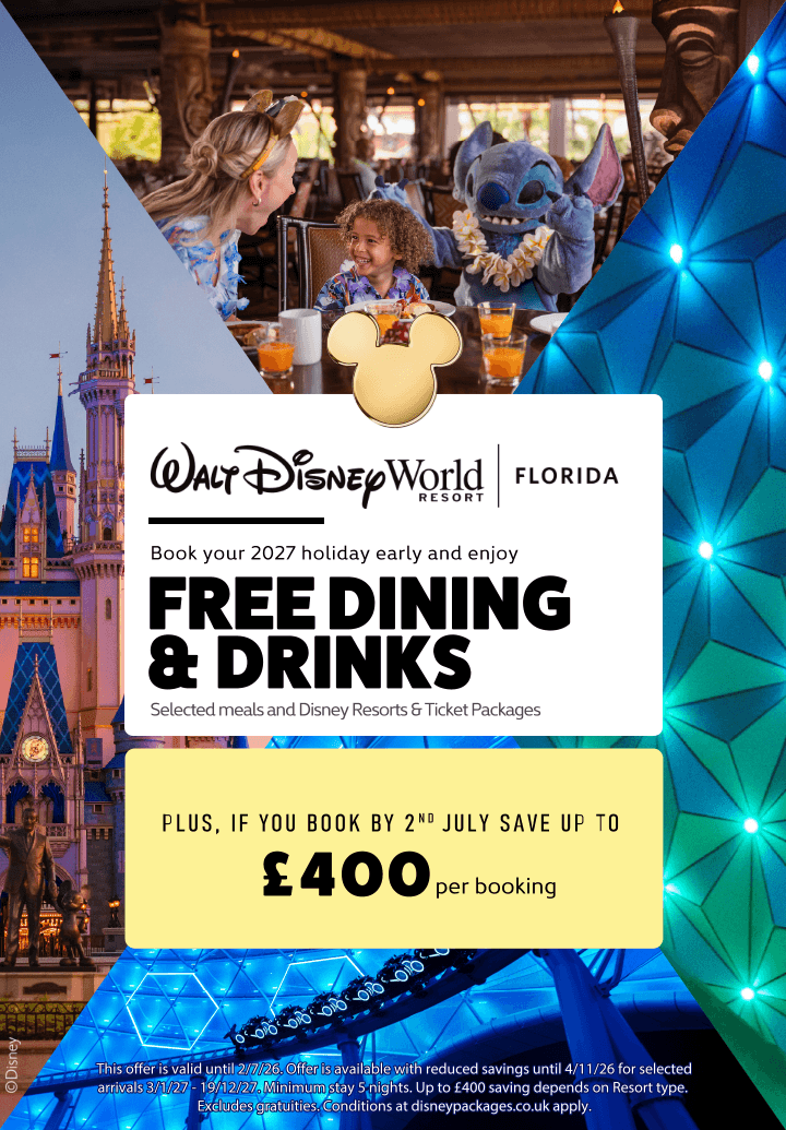 Walt Disney World Free Dining / Free Food and Drink Offer 2027: Free Dining Plan and Up to £400 Off Walt Disney World Vacations - mobile version