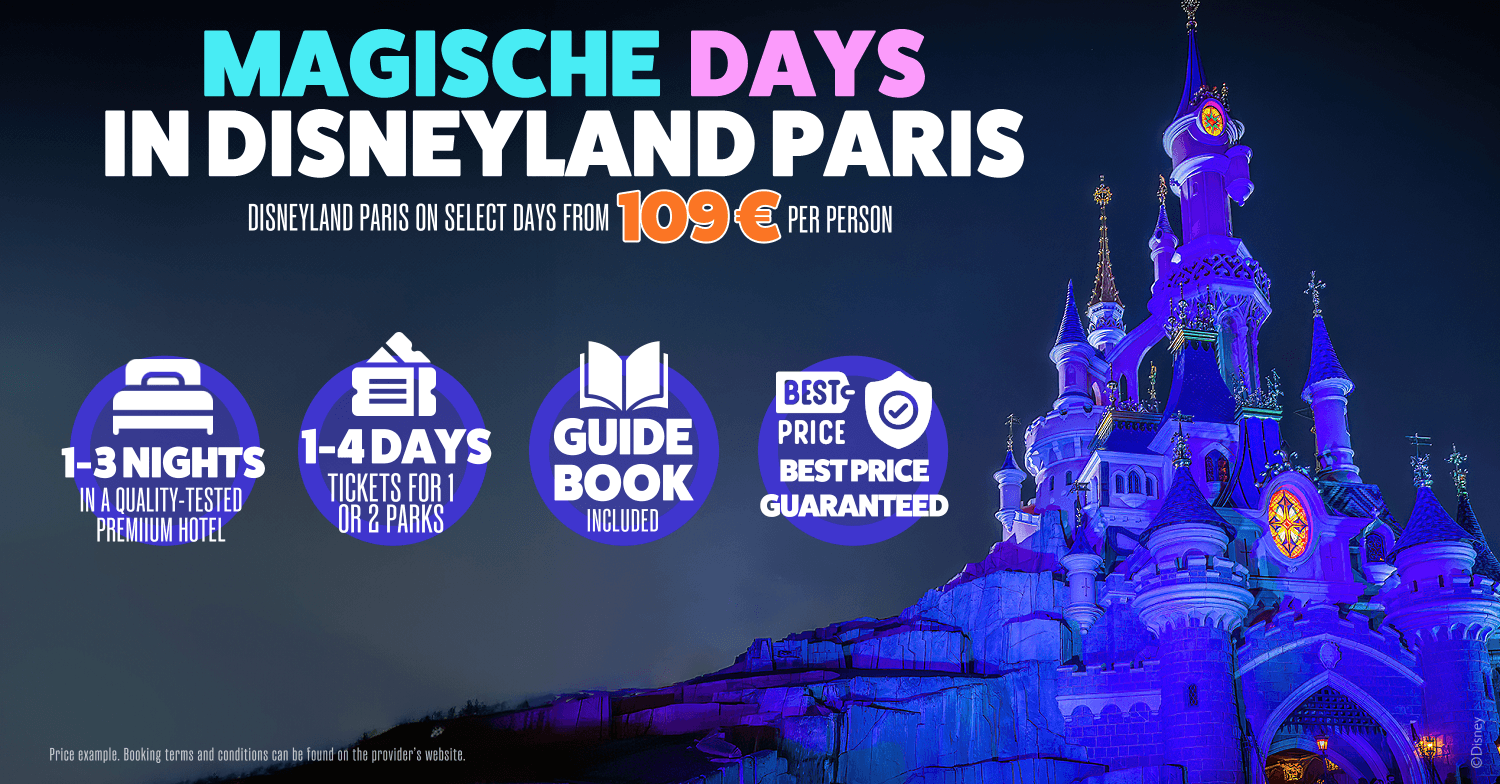 Disneyland Paris from 119 euros Banner advert featuring Sleeping Beauty Castle: Disneyland Paris from 119 euros per person, including accommodation and admission