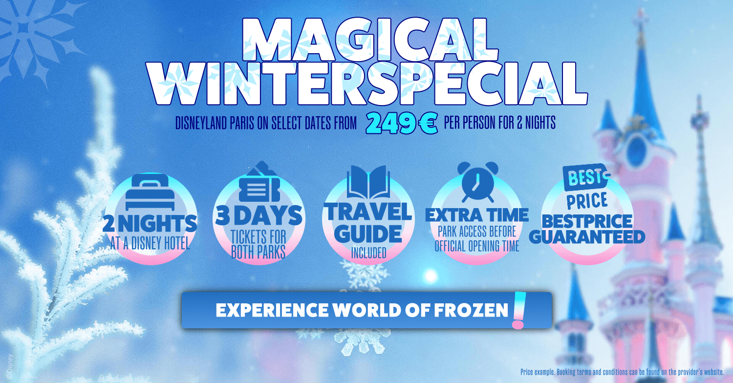 Magical Winter Special Magical Winter Special: Disneyland Paris, 2 days at a Disney hotel, 3 days at the parks from 249 euros per person – with a best-price guarantee