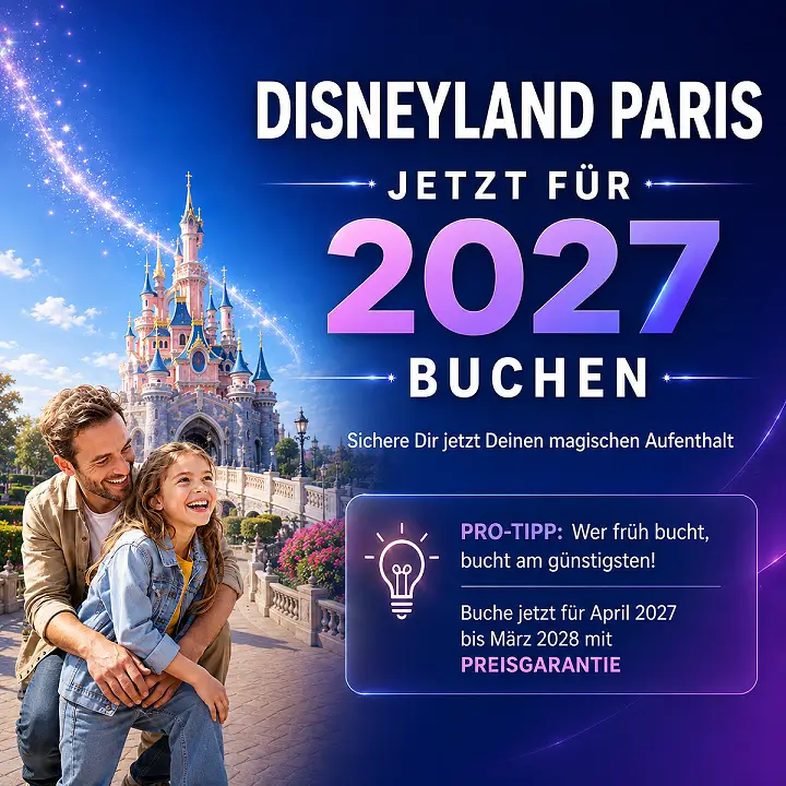 Disneyland Paris jetzt für 2027 buchen. Sichere Dir jetzt Deinen magischen Aufenthalt. Pro-Tipp: Wer früh bucht, bucht am günstigsten! Buche jetzt für April 2027 bis März 2028 mit Preisversprechen zum besten Preis!