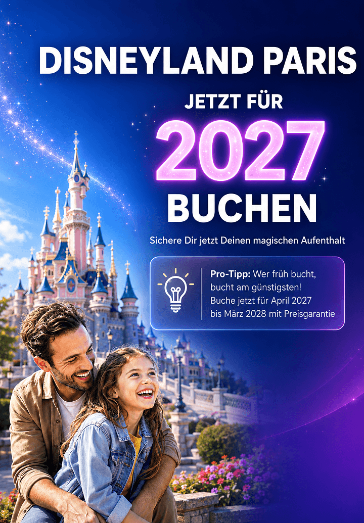 Disneyland Paris jetzt für 2027 buchen. Sichere Dir jetzt Deinen magischen Aufenthalt. Pro-Tipp: Wer früh bucht, bucht am günstigsten! Buche jetzt für April 2027 bis März 2028 mit Preisversprechen zum besten Preis (mobile Version)