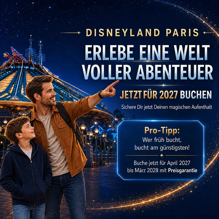 Bannerwerbung mobile Ansicht: Disneyland Paris 2027 buchen: Erlebe eine Welt voller Abenteuer. Tipp: Früh buchen ist am günstigsten. Jetzt mit Preisgarantie