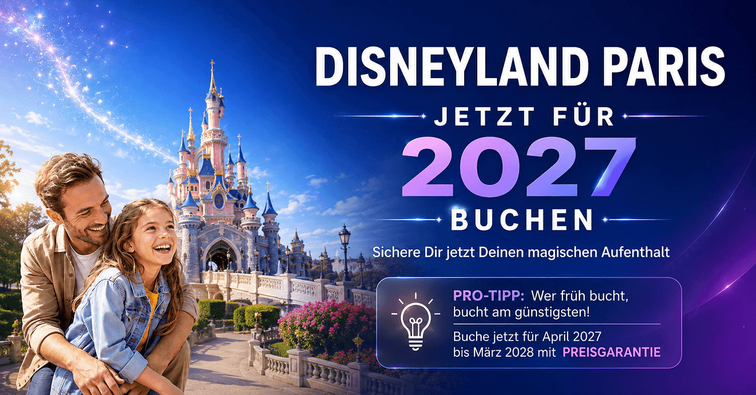 Disneyland Paris 2027 Disneyland Paris jetzt für 2027 buchen. Sichere Dir jetzt Deinen magischen Aufenthalt. Pro-Tipp: Wer früh bucht, bucht am günstigsten! Buche jetzt für April 2027 bis März 2028 mit Preisversprechen zum besten Preis