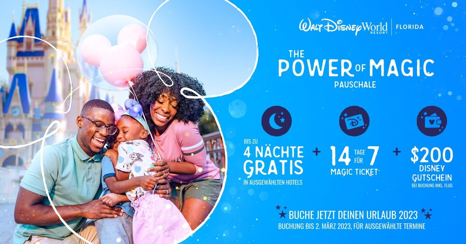 Grafik zum Walt Disney World Sonderangebot: The Power of Magic - bis zu 4 Nächte gratis, 14 für 7 Tage Tickets und 200 Dollar Gutschein