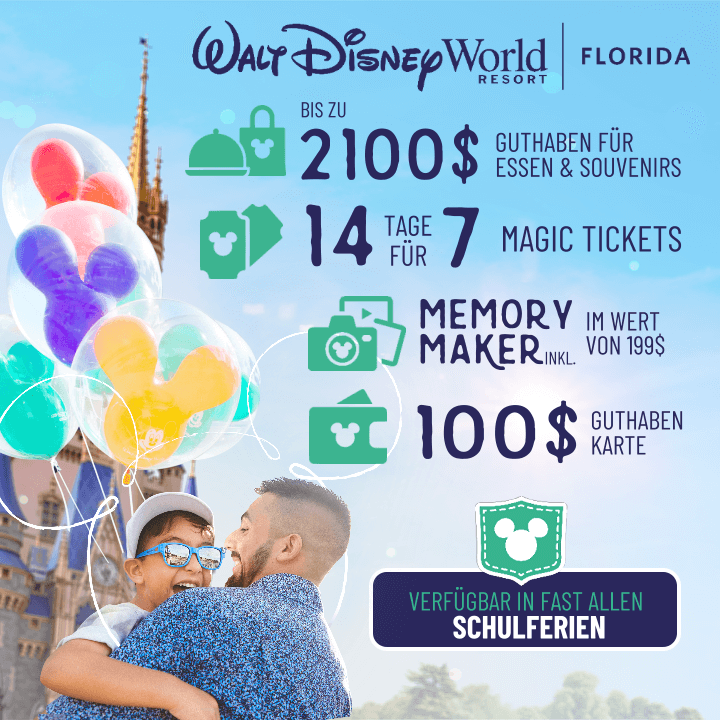 Walt Disney World Frühbucher Angebot 2024: bis zu 2100$ Dining Credit, 200$ Guthabenkarte, Tickets 14 Tage für den Preis von 7 Tagen
