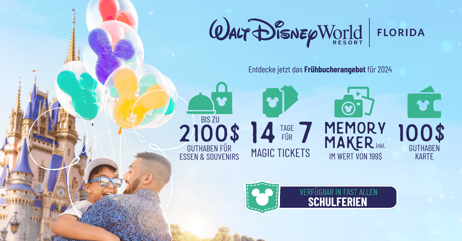 Walt Disney World Frühbucher Angebot 2024: bis zu 2100$ Dining Credit, 200$ Guthabenkarte, Tickets 14 Tage für den Preis von 7 Tagen