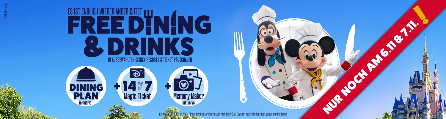 Bannerwerbung WDW Frühbucher Angebot 2025: Gratis Dining Plan, 14 Tage für 7, Memory Maker und 200€ Rabatt