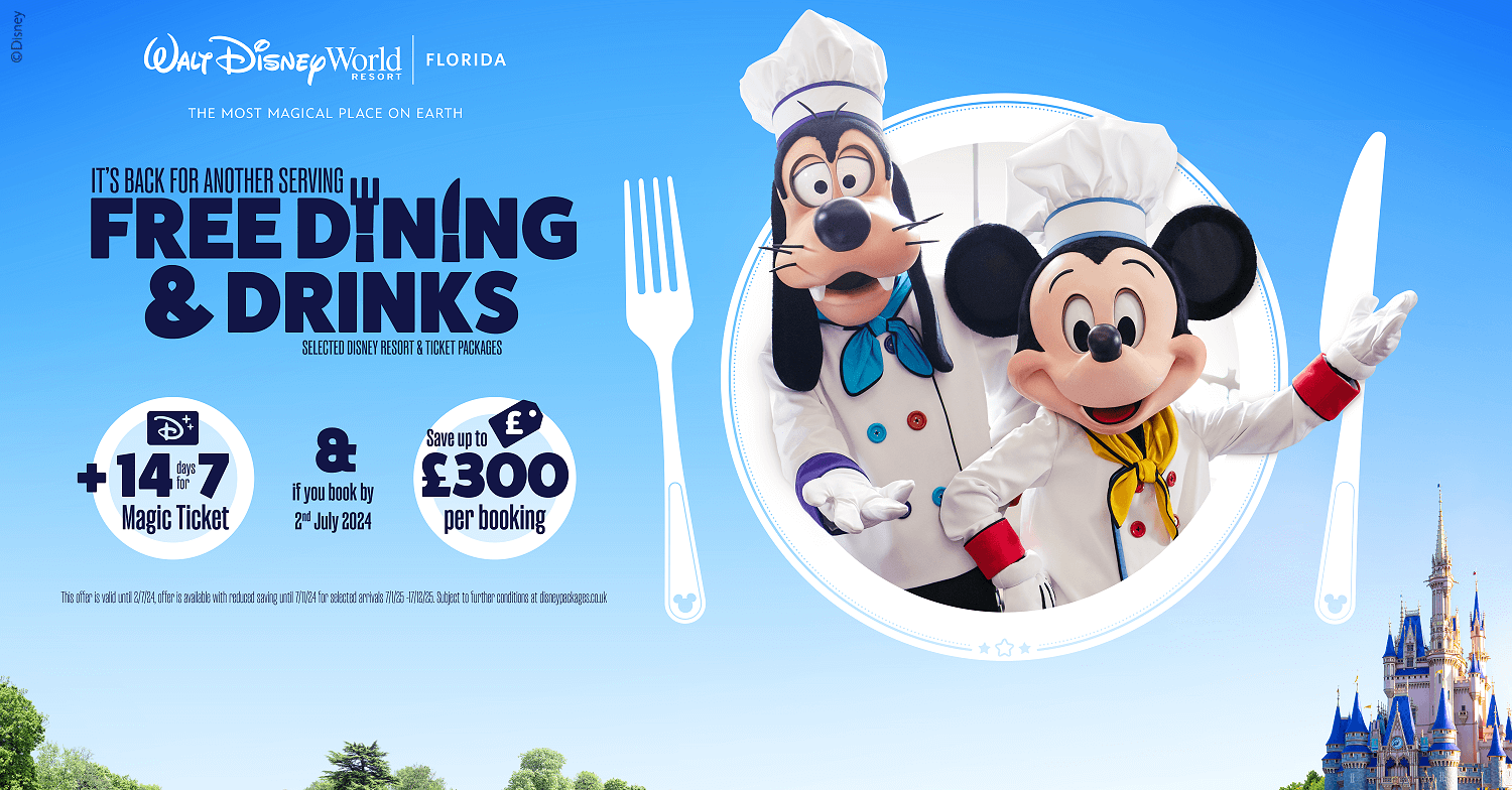 Walt Disney World Free Dining and Drinks Early Booking Offer 2025: Free Dining Plan, 14-day tickets for the price of 7 days, Memory Maker included and £300 discount