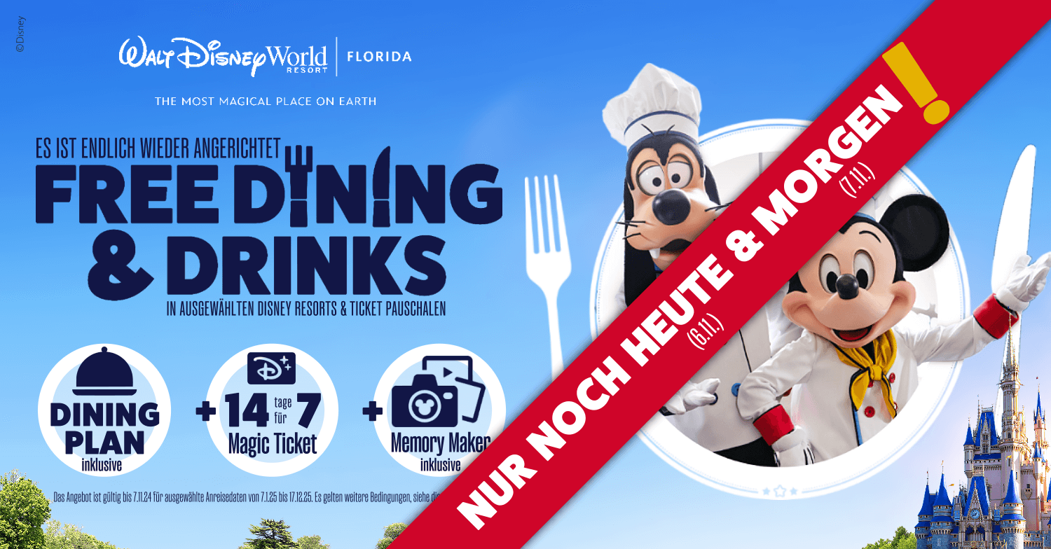 Walt Disney World Free Dining und Drinks Frühbucher Angebot 2025: Gratis Dining Plan, 14 Tages Tickets zum Preis von 7 Tagen, Memory Maker inklusive und 200€ Rabatt