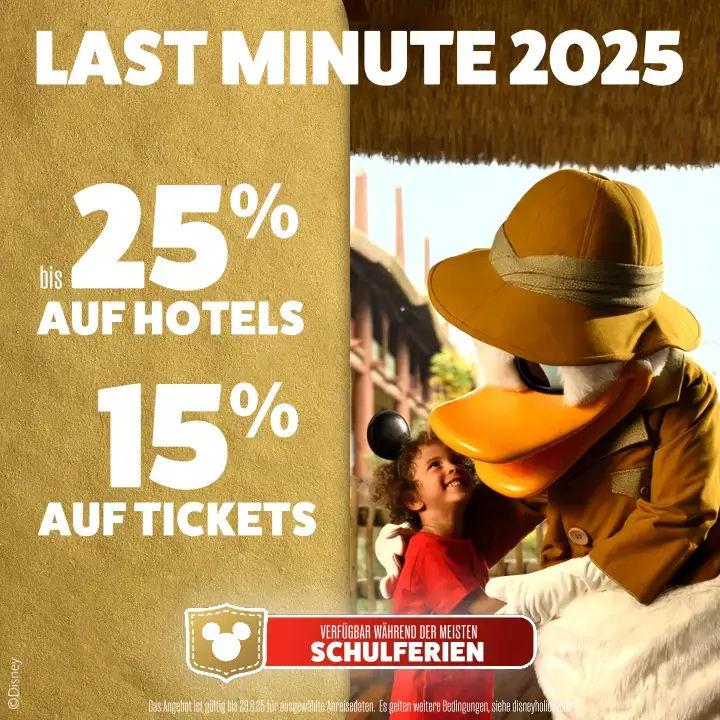 Banner (mobile Ansicht): Last Minute Angebot für Walt Disney World im Sommer 2025: bis zu 25% Rabatt auf Hotels und 15% Rabatt auf Tickets