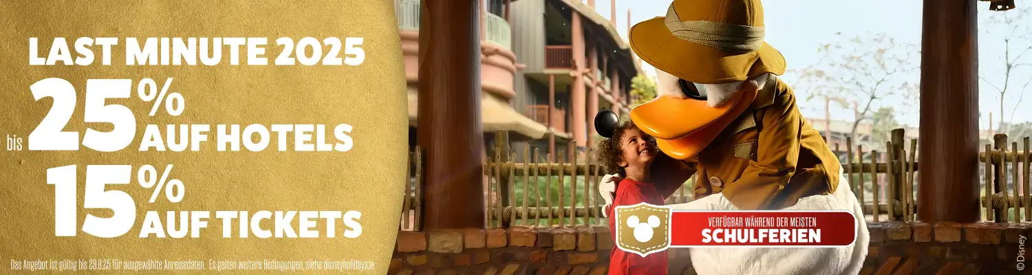 Banner Last Minute Angebot für Walt Disney World im Sommer 2025: bis zu 25% Rabatt auf Hotels und 15% Rabatt auf Tickets