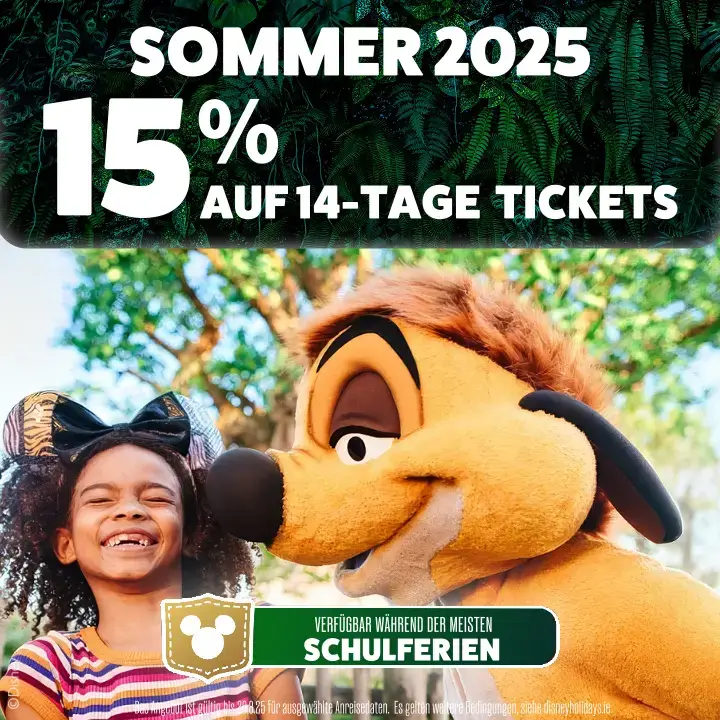 Banner (mobile Ansicht): Banner: 15% Rabatt auf 14-Tages Magic Tickets für Walt Disney World im Sommer 2025
