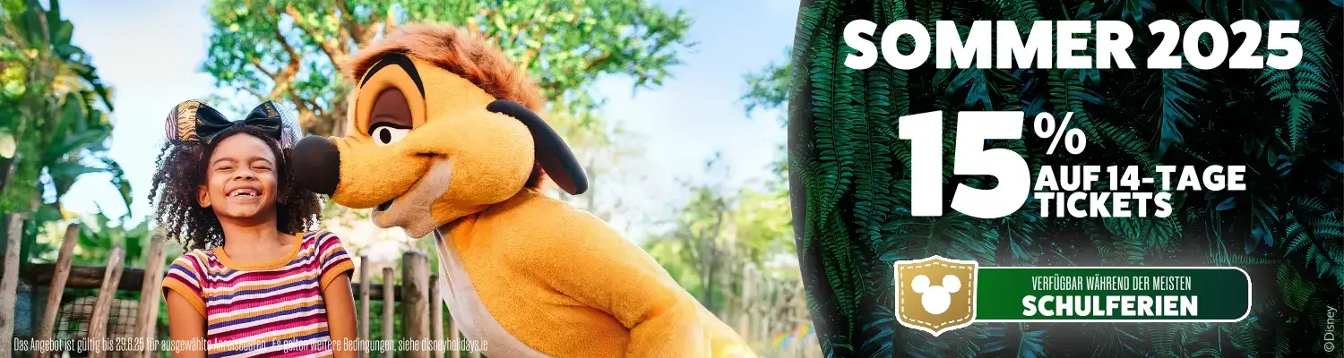 Banner: 15% Rabatt auf 14-Tages Magic Tickets für Walt Disney World im Sommer 2025