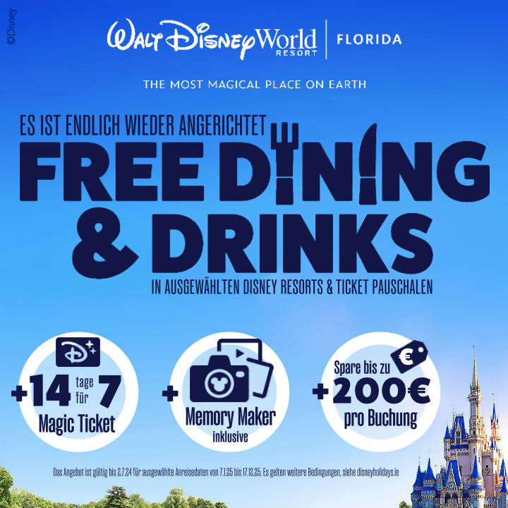 Free Dining Angebot 2026: Gratis Essen und Trinken, 14 Tage Magic Tickets inklusive Memory Maker zum Preis von 7 Tagen, bis zu 200 € Rabatt, Refillable Resort Mug und vieles mehr - mobile Ansicht