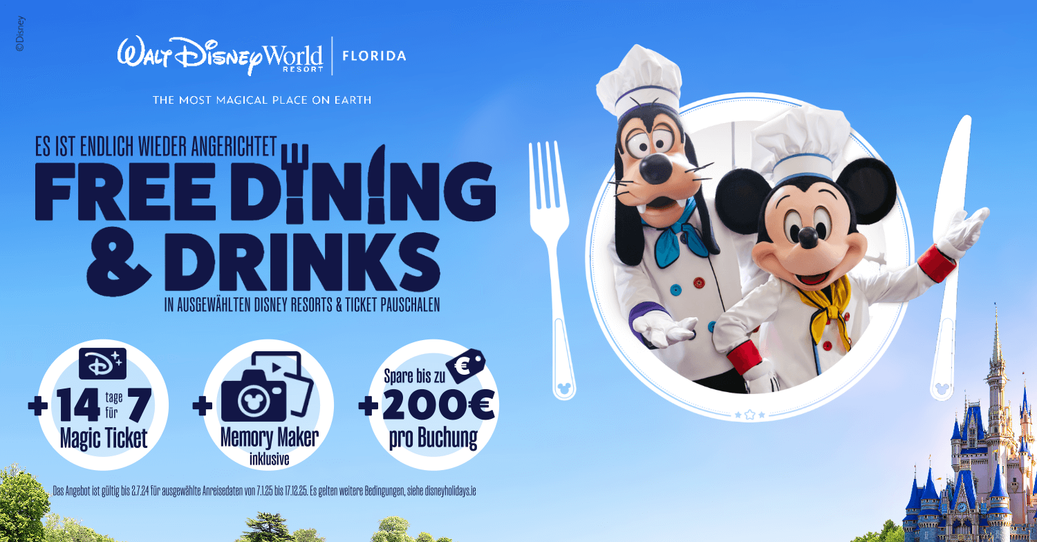 Free Dining Angebot 2026: Gratis Essen und Trinken, 14 Tage Magic Tickets inklusive Memory Maker zum Preis von 7 Tagen, bis zu 200 € Rabatt, Refillable Resort Mug und vieles mehr
