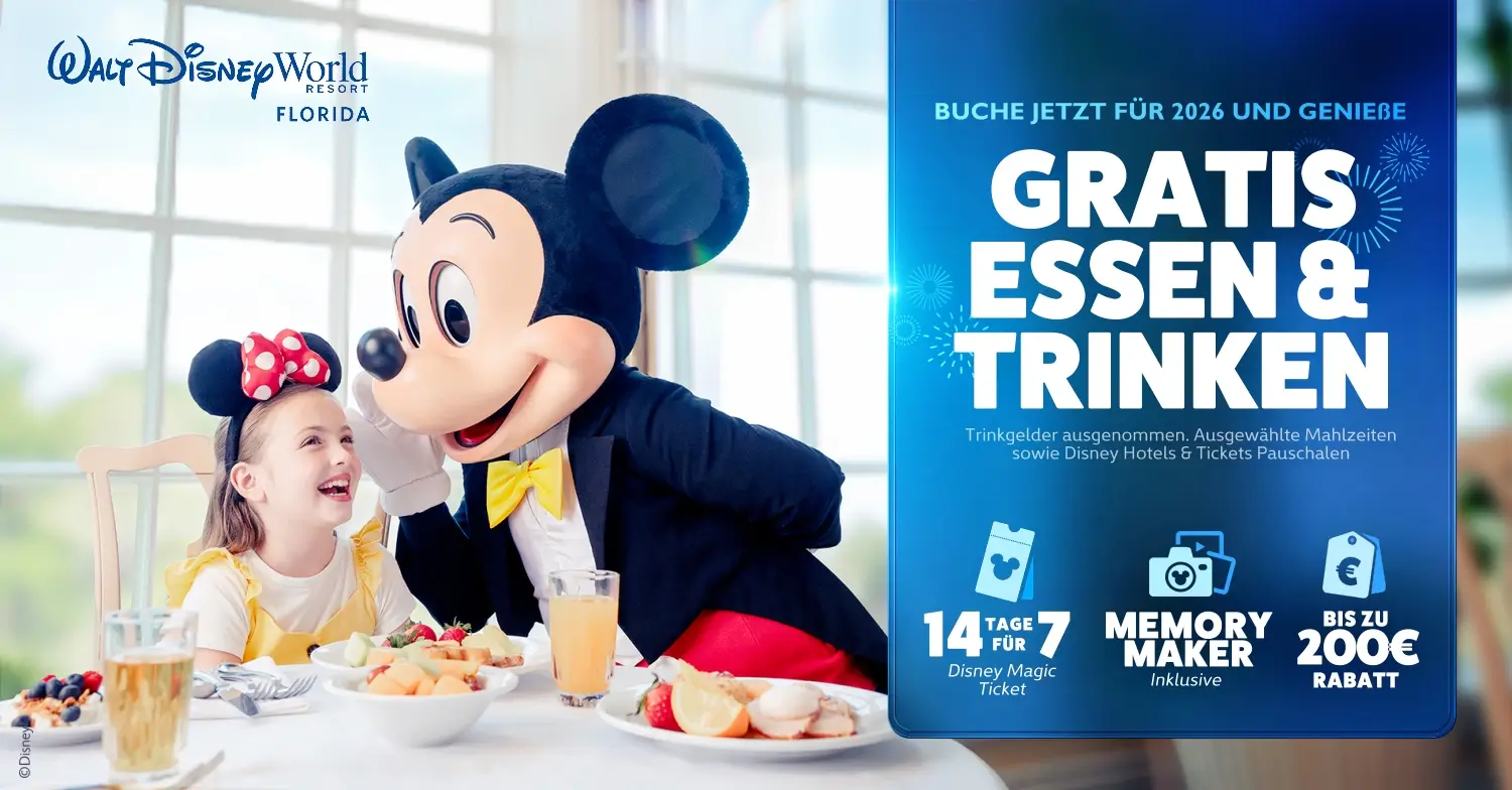 Free Dining Angebot 2026: Gratis Essen und Trinken Free Dining Angebot 2026: Gratis Essen und Trinken, 14 Tage Magic Tickets inklusive Memory Maker zum Preis von 7 Tagen, bis zu 200 € Rabatt, Refillable Resort Mug und vieles mehr