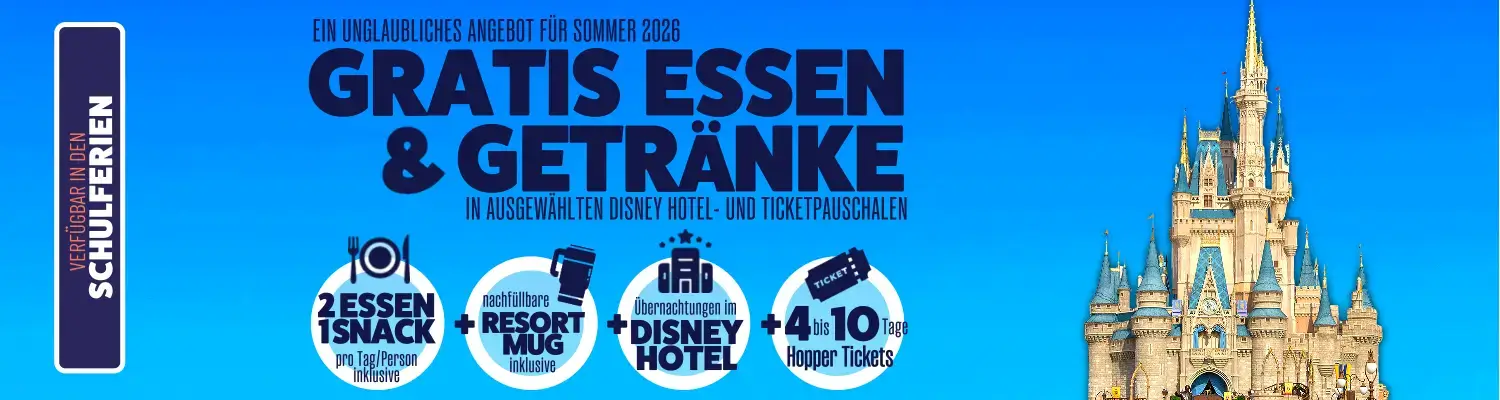 Banner WDW Sonderangebot: Gratis Essen und Trinken, Resort Mug, Disney Hotel und Hopper Tickets