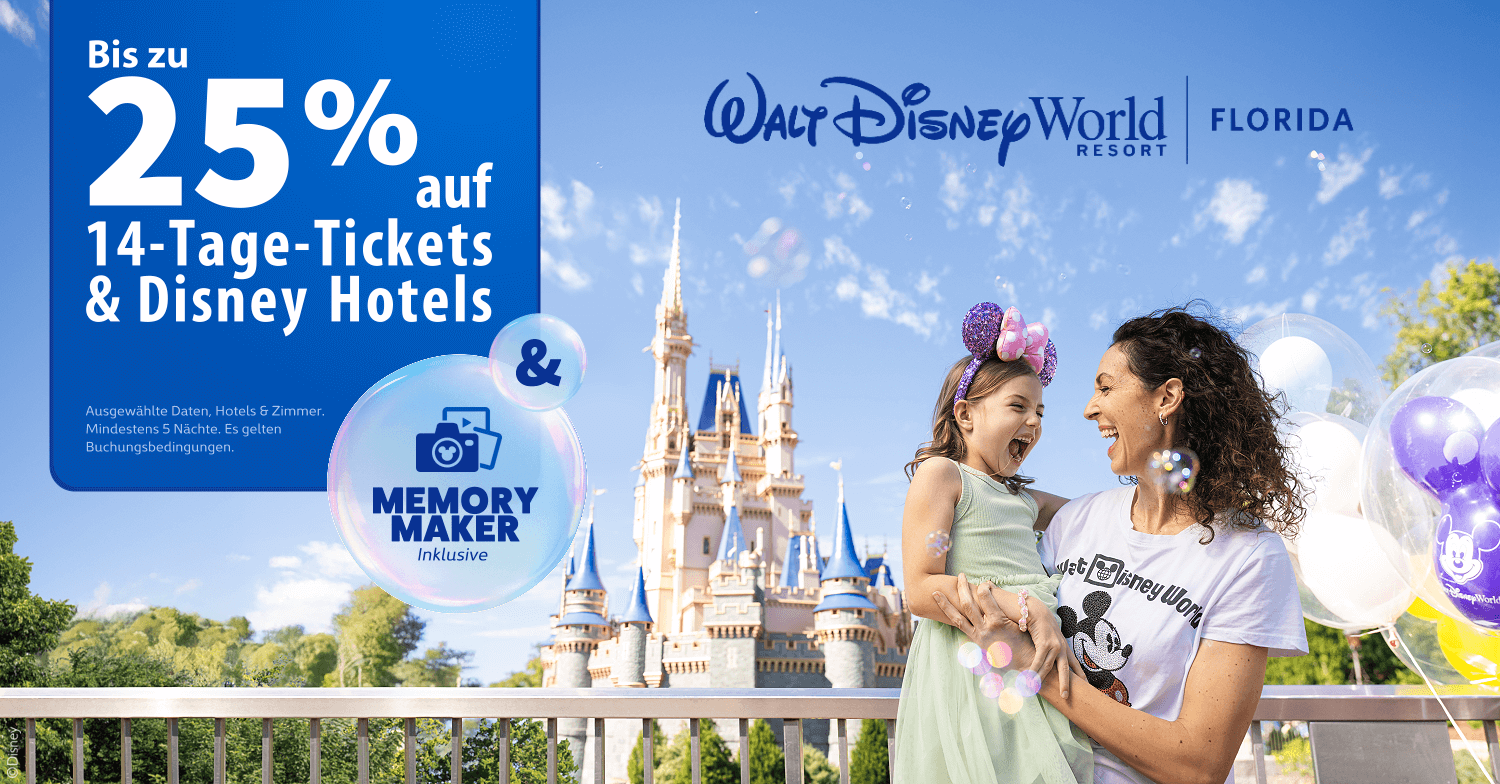 Walt Disney World Sonderangebot 25% Rabatt auf Tickets und Hotels WDW Sonderangebot: Bis zu 25% Rabatt auf 14-Tage Tickets und Disney Hotels und Memory Maker inklusive für Walt Disney World 2026