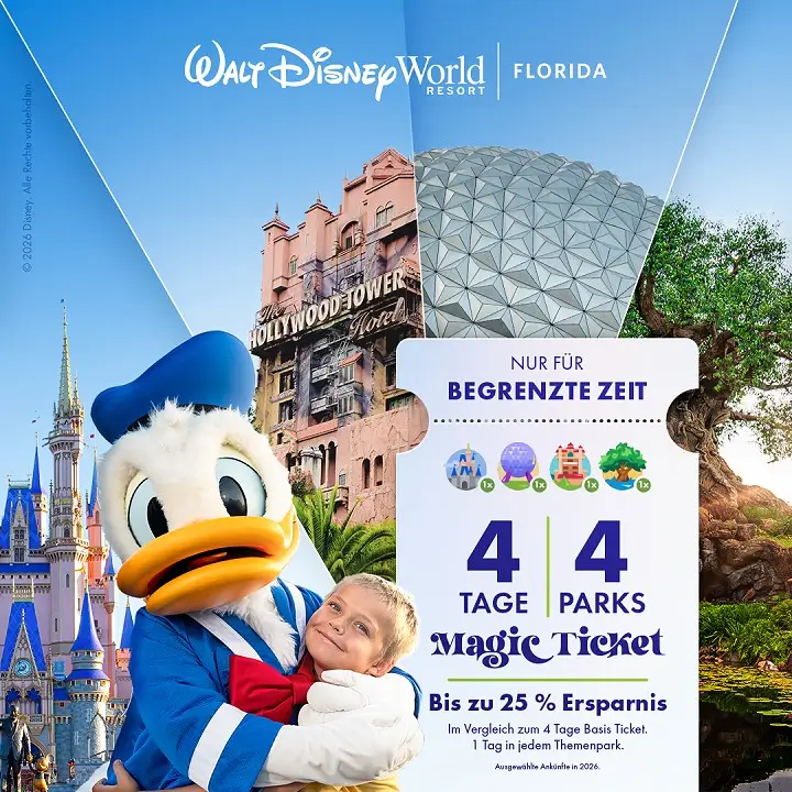 Banner (mobile Ansicht) Sparticket für Walt Disney World: Bis zu 25% Rabatt auf 4-Tage 4-Parks Magic Tickets