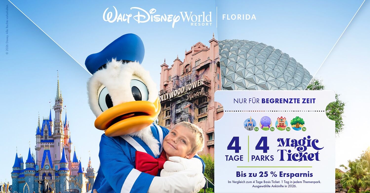 Sparticket 2026 für Walt Disney World: 4 Tage, 4 Parks Magic Ticket mit bis zu 25% Ersparnis. Bild zeigt Bilder aus allen Parks und davor Donald mit einem Kind