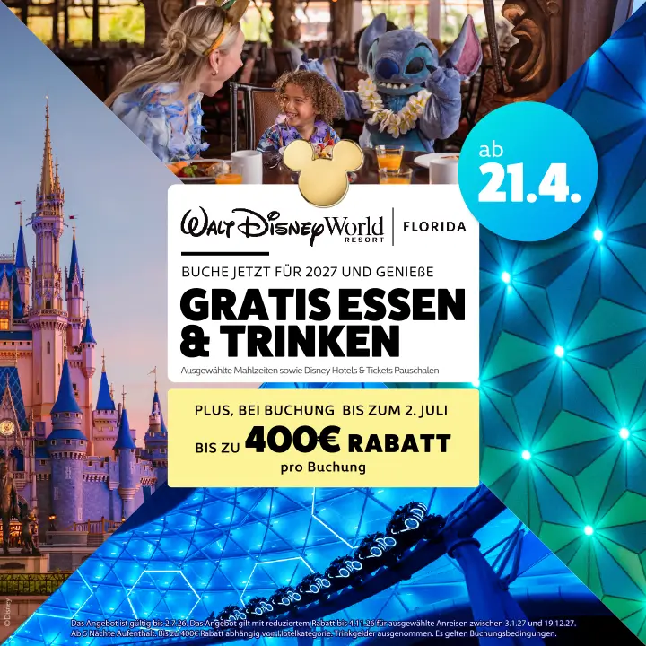 Banner (mobile Ansicht) Walt Disney World Free Dining / Gratis Essen und Trinken Angebot 2027: Gratis Dining Plan und bis zu 400 € Rabatt auf Walt Disney World Urlaube