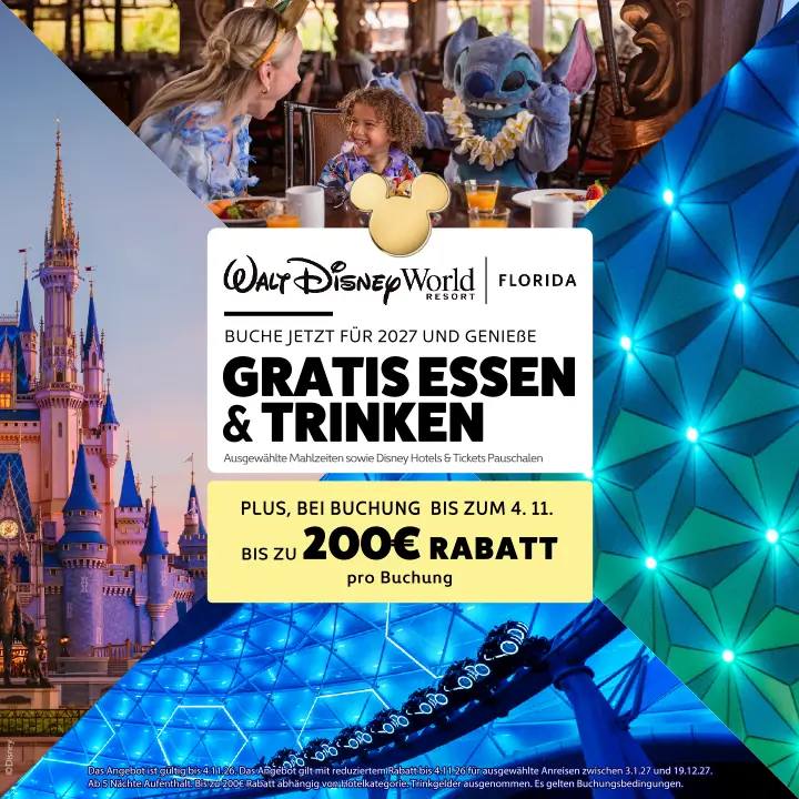 Banner (mobile Ansicht): Walt Disney World Free Dining Angebot 2027 Banner (mobile Ansicht) Walt Disney World Free Dining / Gratis Essen und Trinken Angebot 2027: Gratis Dining Plan und bis zu 200 € Rabatt auf Walt Disney World Urlaube